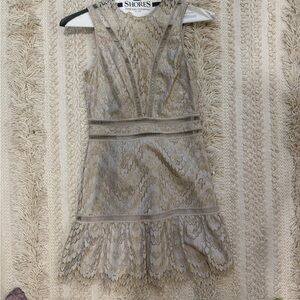 Saylor Lace Fit & Flare Dress in Beige and Gold